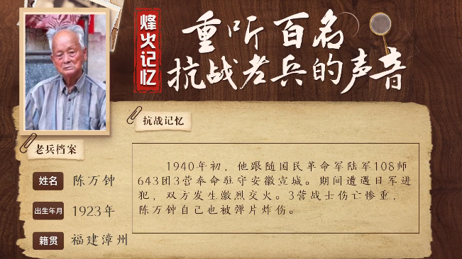 《烽火記憶——重聽百名抗戰老兵的聲音》百集融媒系列報道 第十六集：陳萬鐘：彈片擊中額頭，活下來已是萬幸