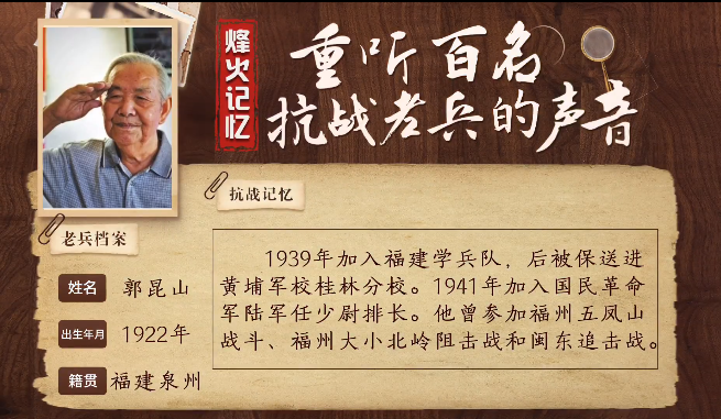 《烽火記憶——重聽百名抗戰(zhàn)老兵的聲音》百集融媒系列報(bào)道 第二十五集：郭昆山：為抗日投筆從戎，三次與日寇血戰(zhàn)